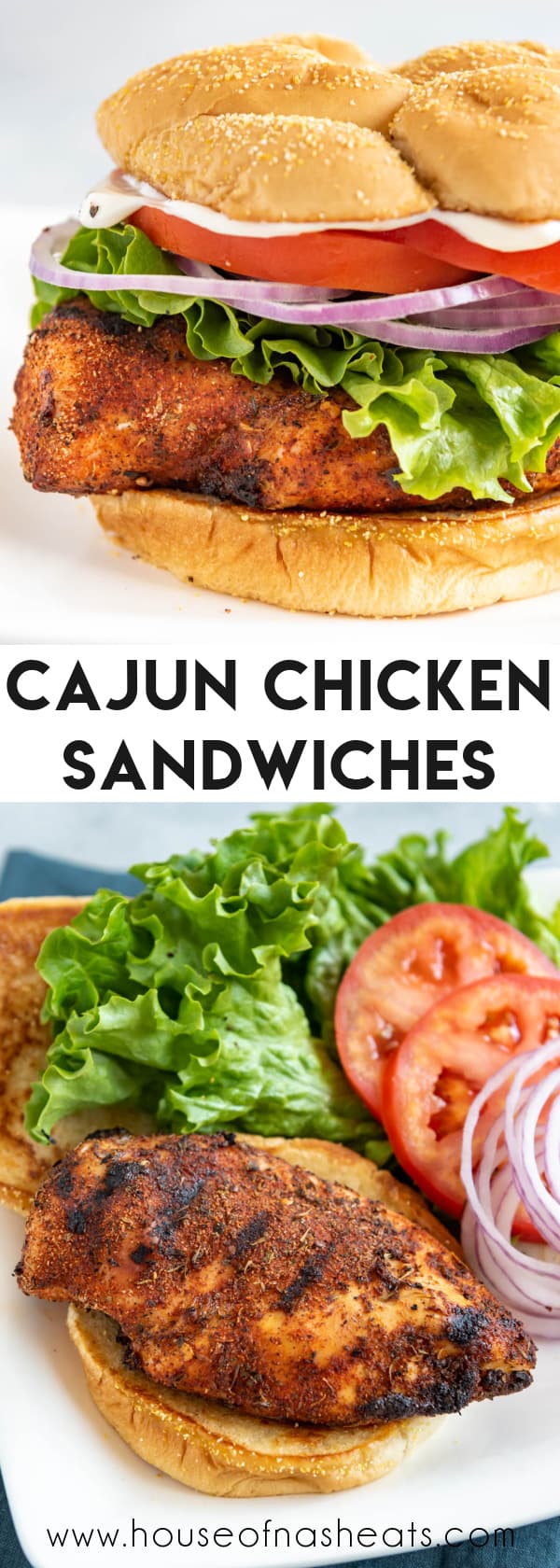 A collage of images of cajun chicken sandwiches with text overlay.
