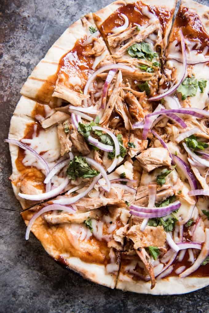 an aerial view of Grilled BBQ Chicken Pizza