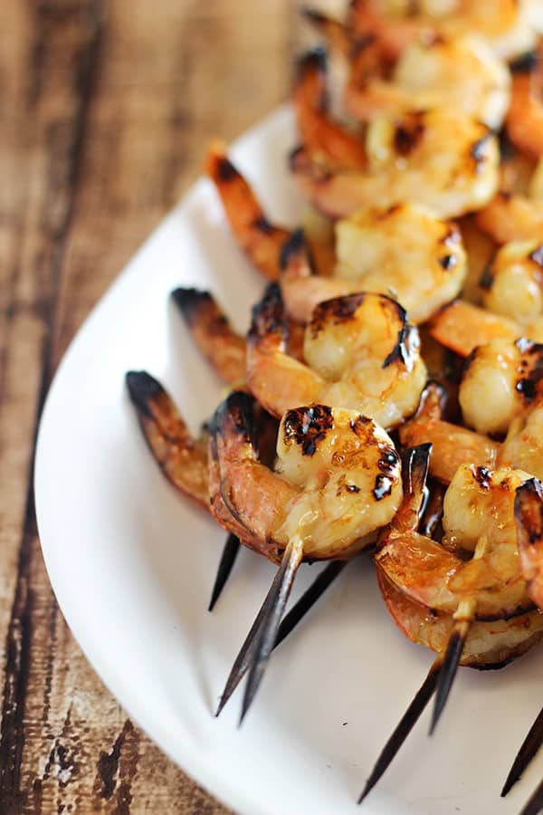 grilled shrimp on wooden skewers