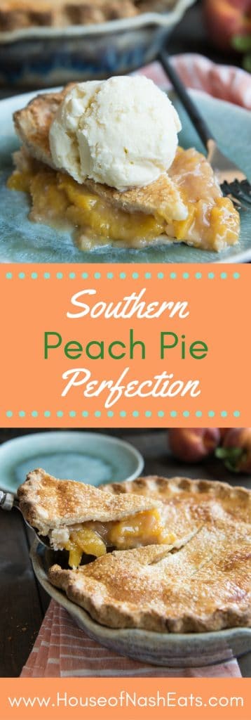 This classic, Southern Peach Pie is absolute dessert perfection! Filled with summer's juiciest, sweetest fresh peaches and made with a flaky, buttery double-crust dusted with sanding sugar, this fresh peach pie is as beautiful as it is delicious and wonderful served à la mode with a big scoop of vanilla ice cream!