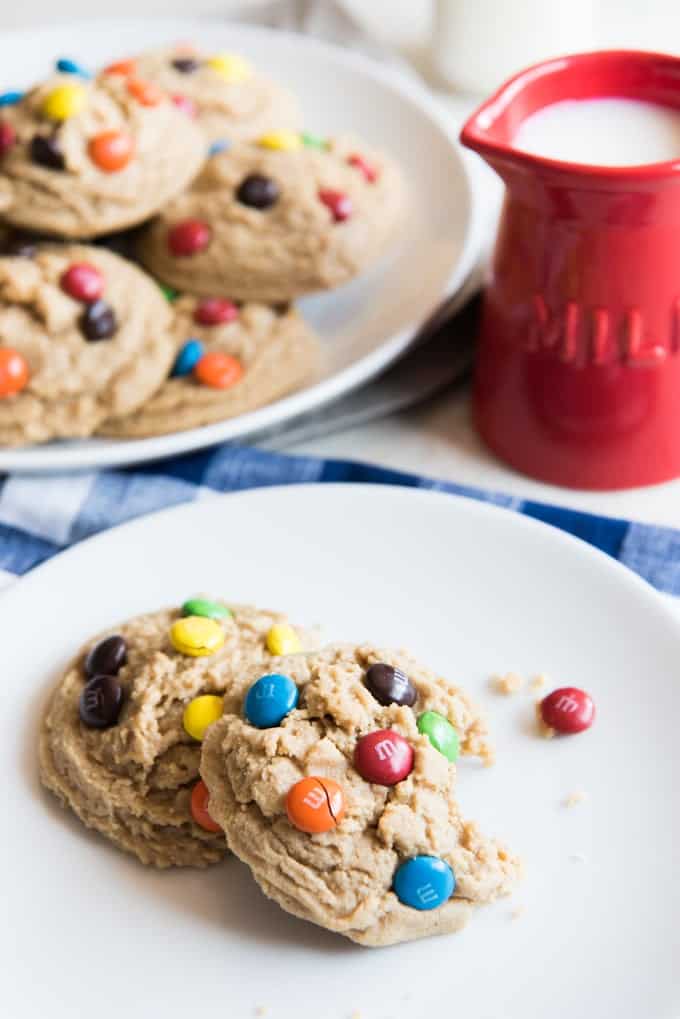 M&M cookies on a white plate
