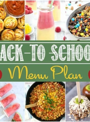 This Back-to-School Party Menu Plan is the perfect way to overcome any start of a new school year jitters or just celebrate with your school-loving littles!  Everything from appetizers and drinks, to main dishes, sides and desserts are covered, helping you come up with a delicious and easy back-to-school party without a hassle!