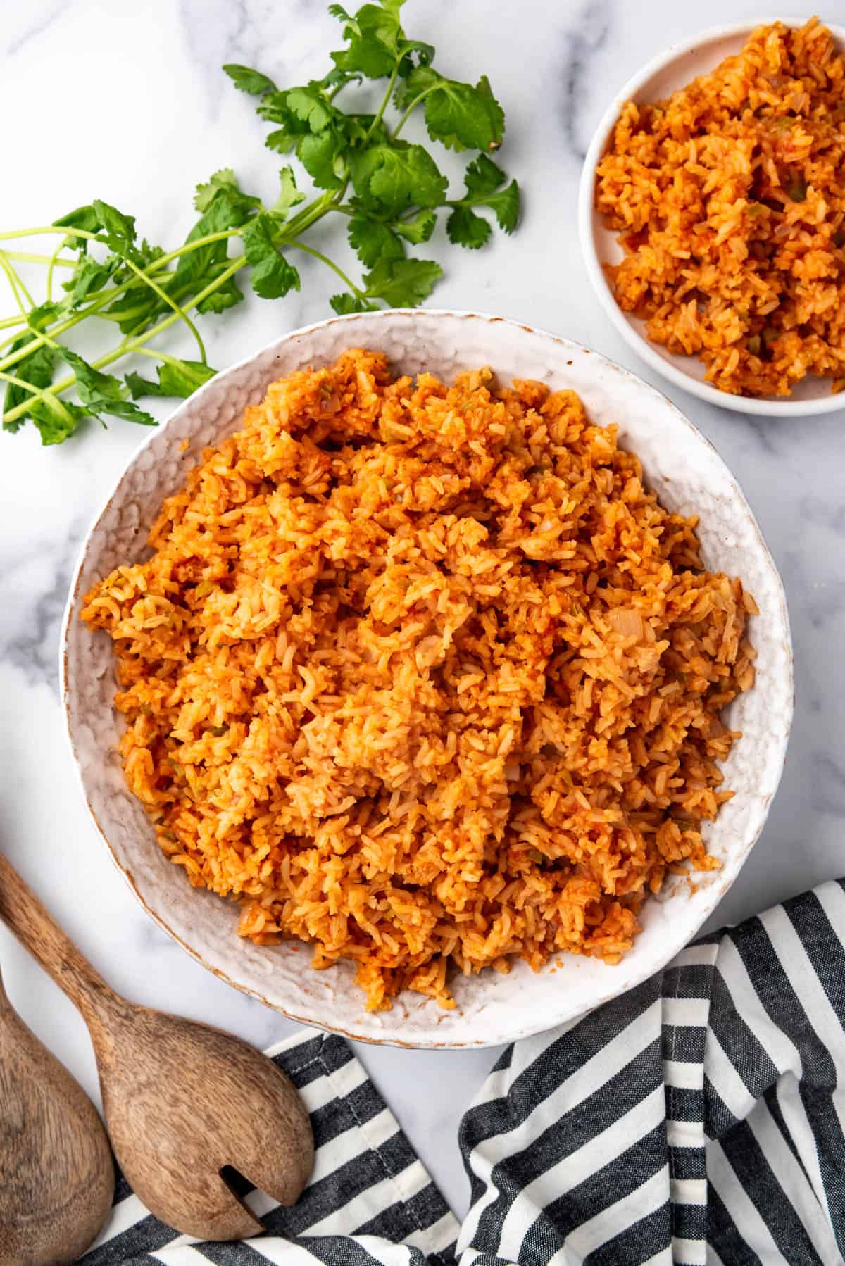 An overhead image of a bowl of Spanish Rice.