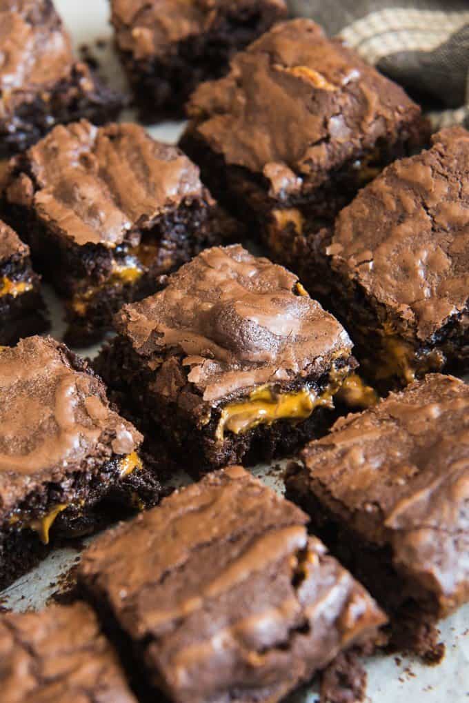 baked butterfinger brownies sliced into squares