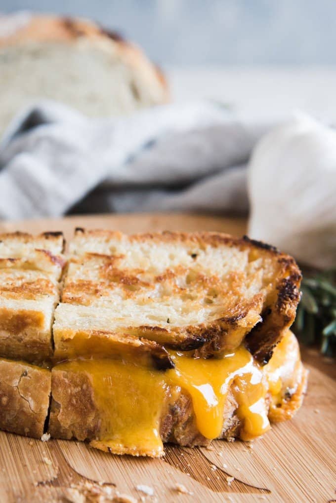 garlic rosemary bread turned into a grilled cheese