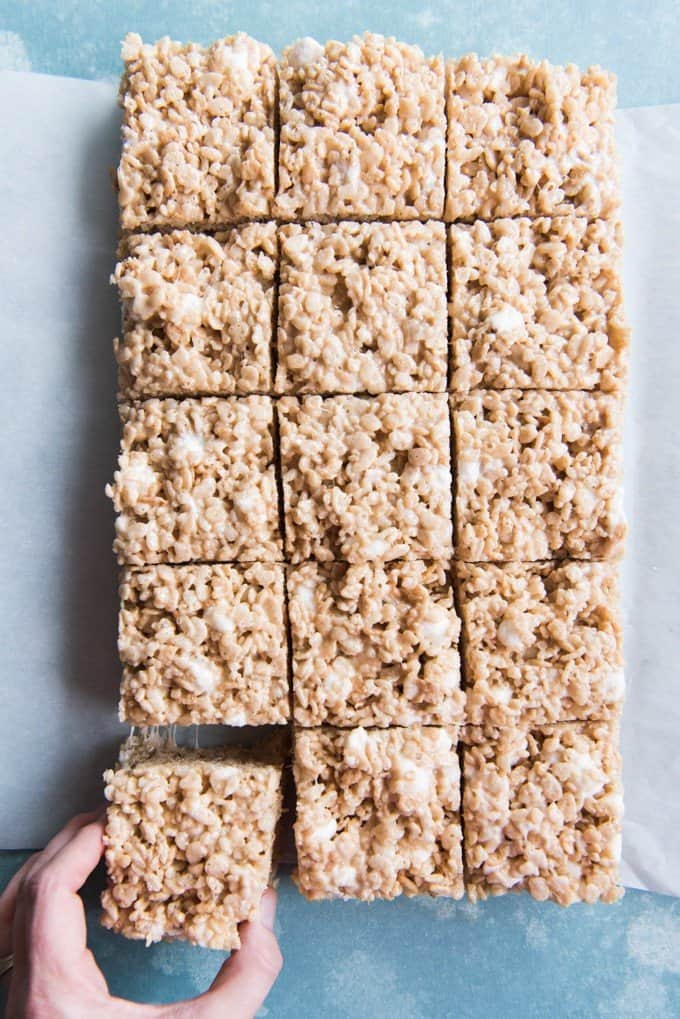 An image of rice crispy treats cereal bars made with salted brown butter and marshmallows.