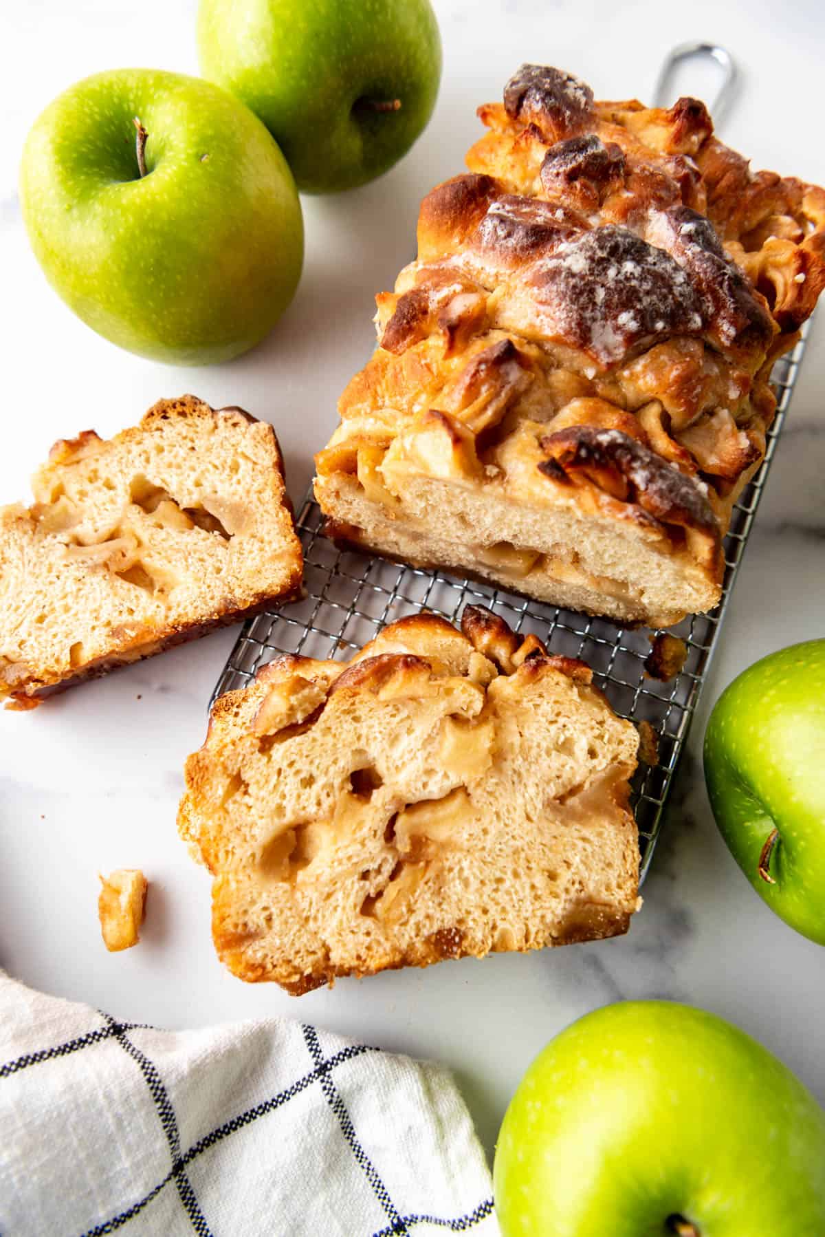 An overhead image of sliced apple fritter bread.