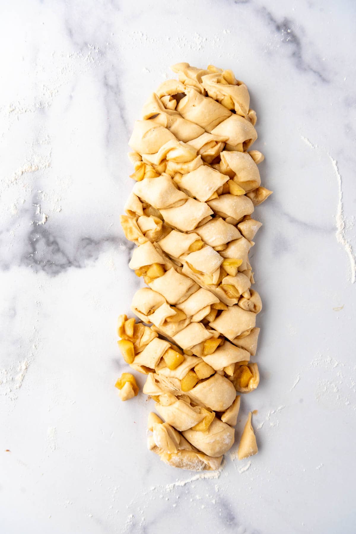 Chopped bread dough and apples.