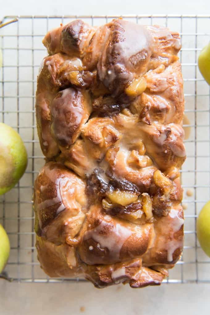 a close aerial view of glazed apple fritter bread