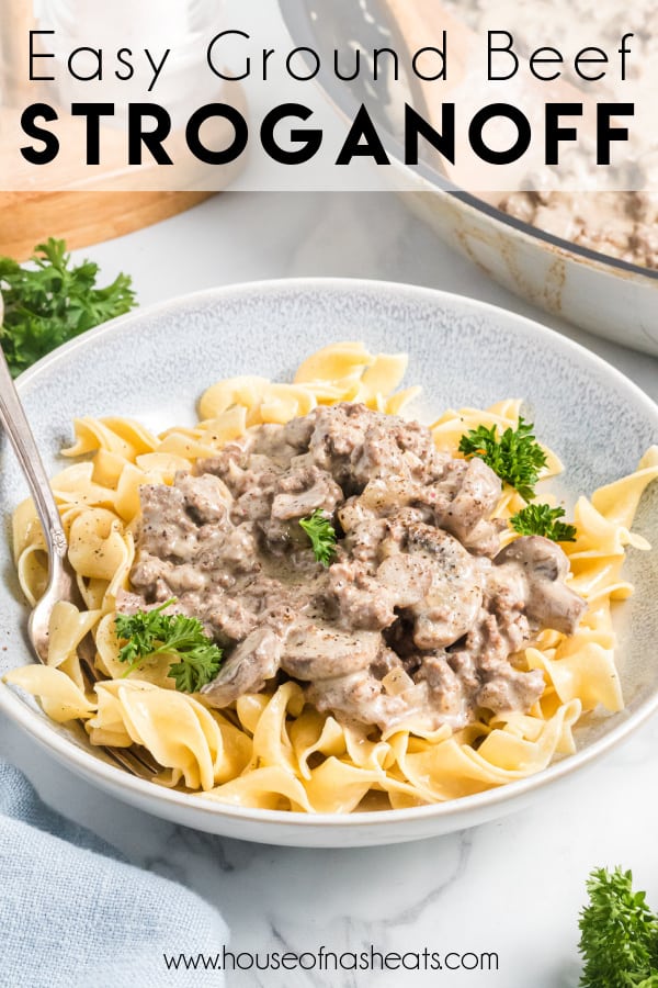 A bowl of egg noodles with ground beef stroganoff on top with text overlay.