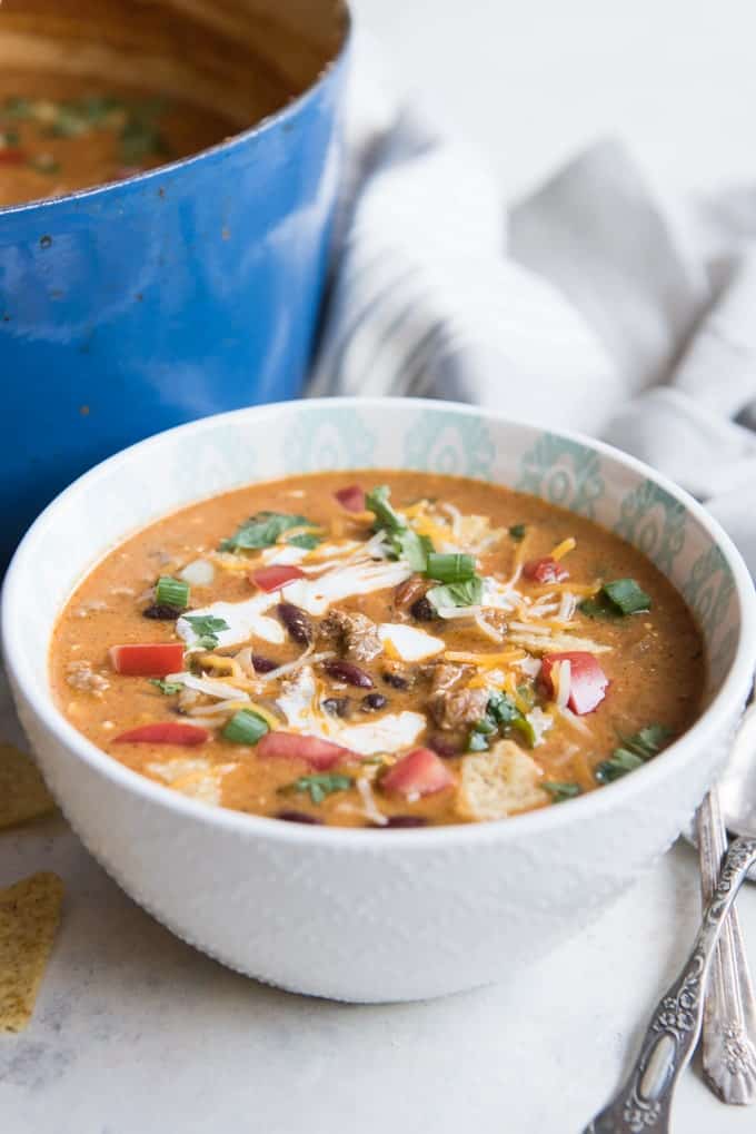 large white bowl of taco soup