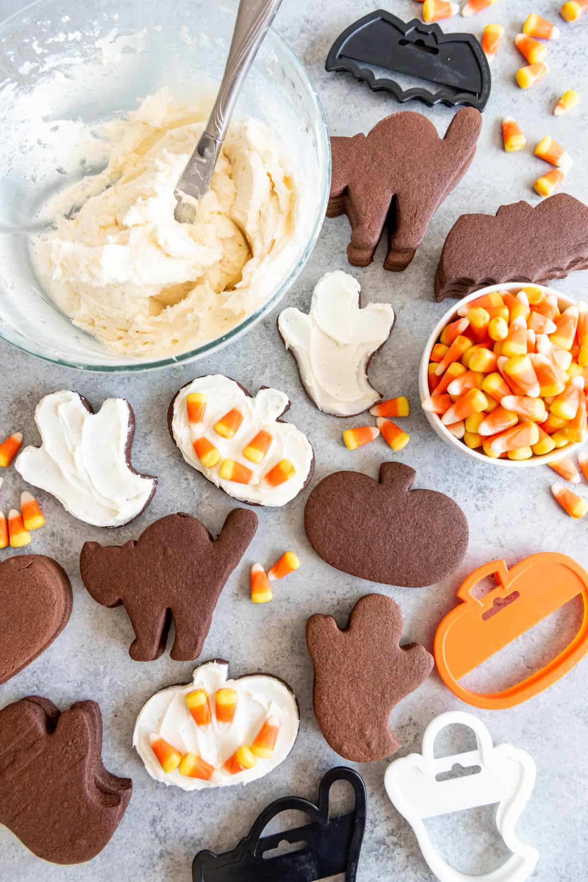 Chocolate Cut Out Sugar Cookies and frosting with candy corn.