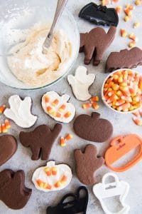 Chocolate Cut Out Sugar Cookies and frosting with candy corn