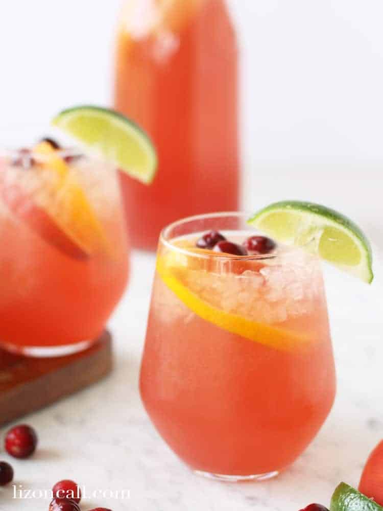 holiday party punch garnished with lemon lime and fresh cranberries