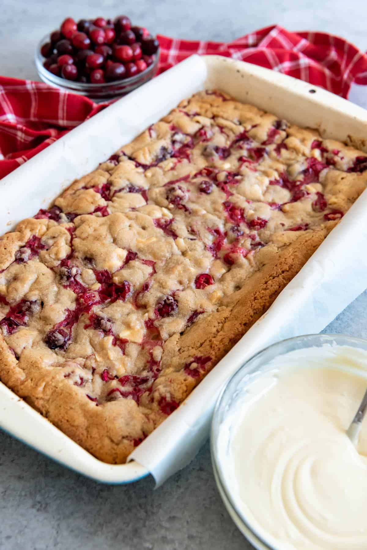 Baked white chocolate cranberry blondies in a pan.