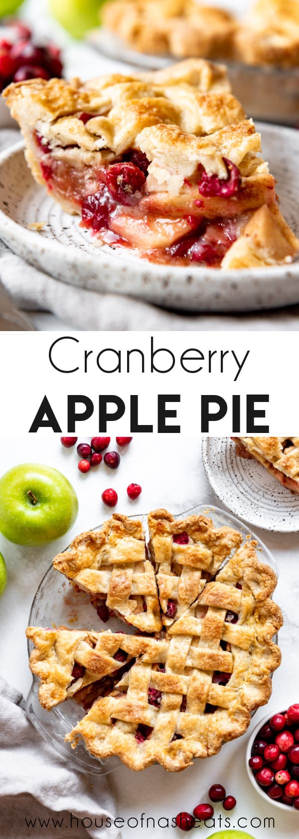 A collage of images of cranberry apple pie with text overlay.