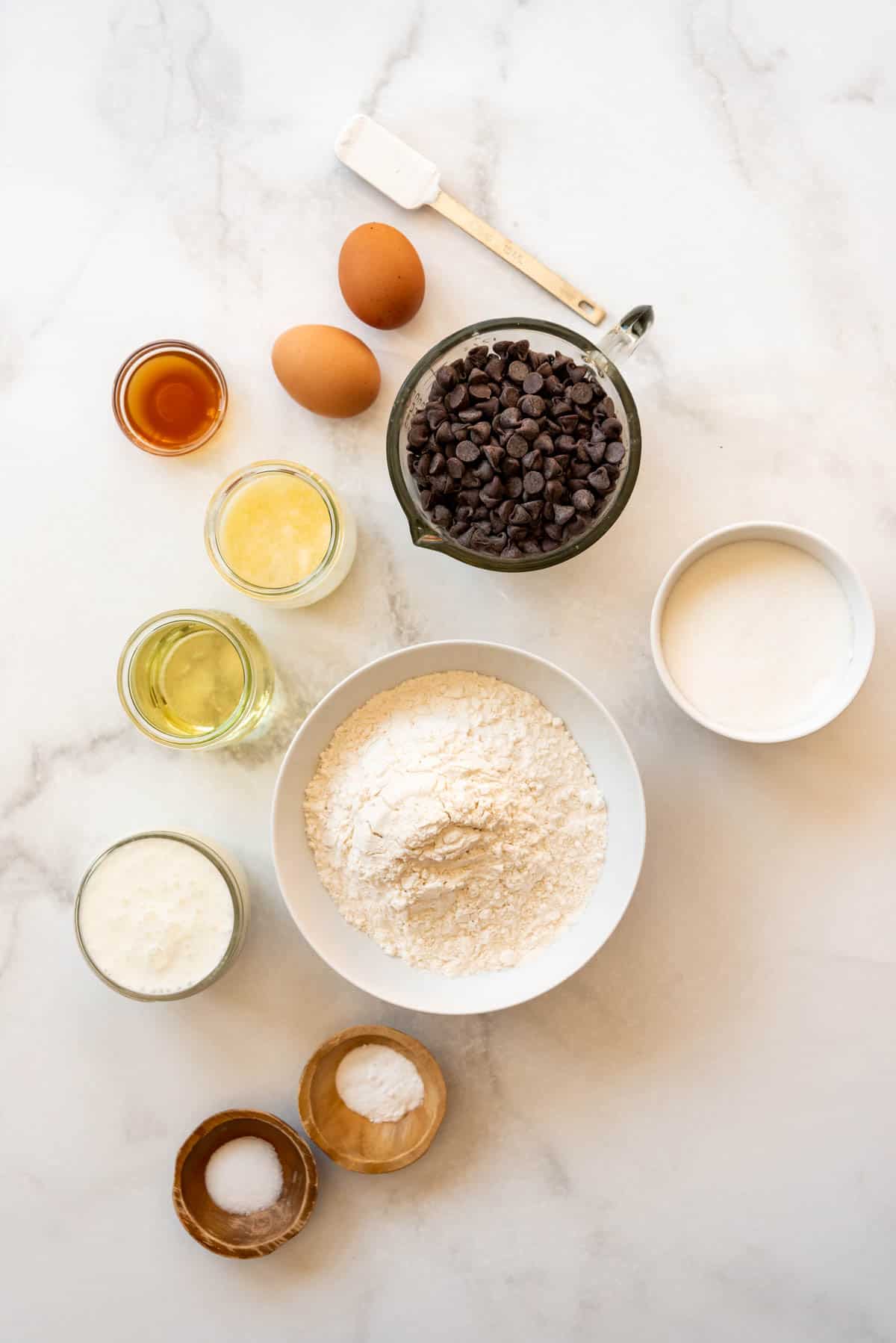 Ingredients for chocolate chip muffins.