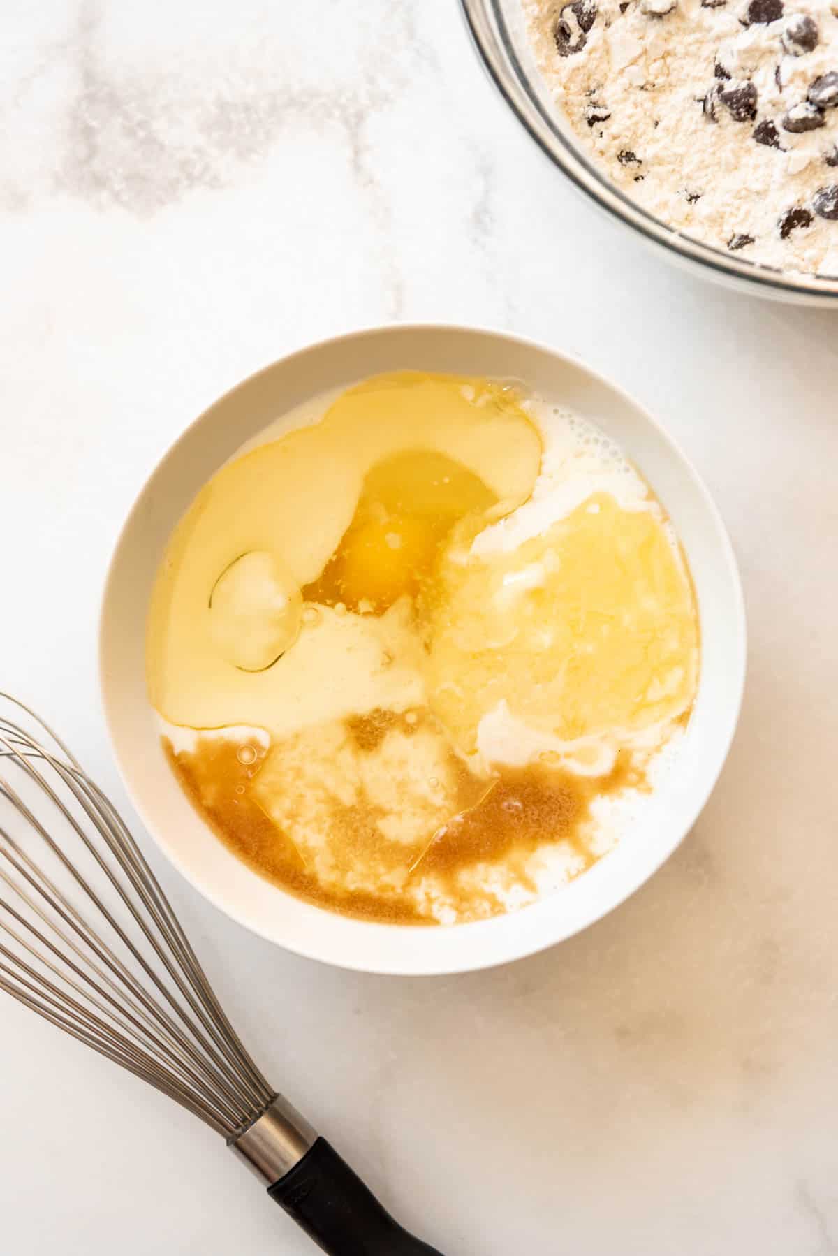 Wet ingredients in a bowl.