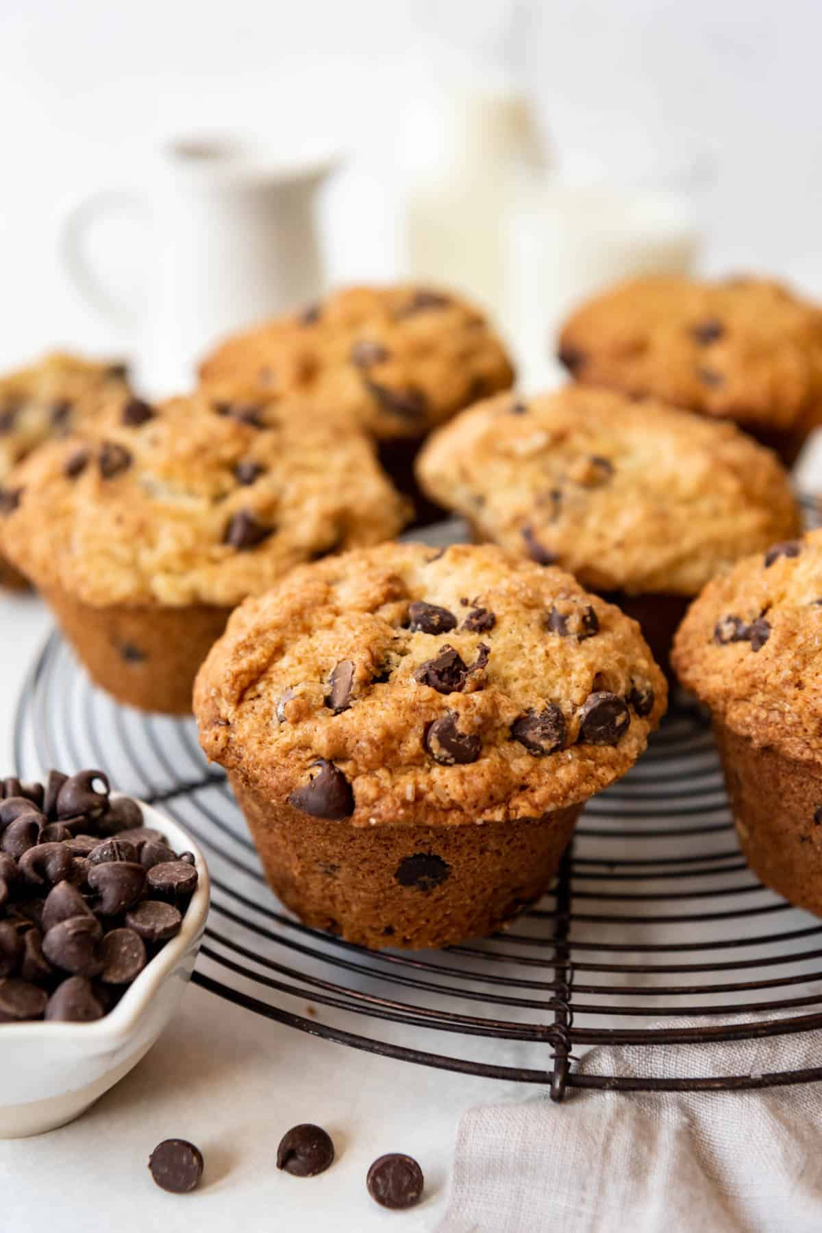 Jumbo homemade chocolate chip muffins on a wire cooling rack.