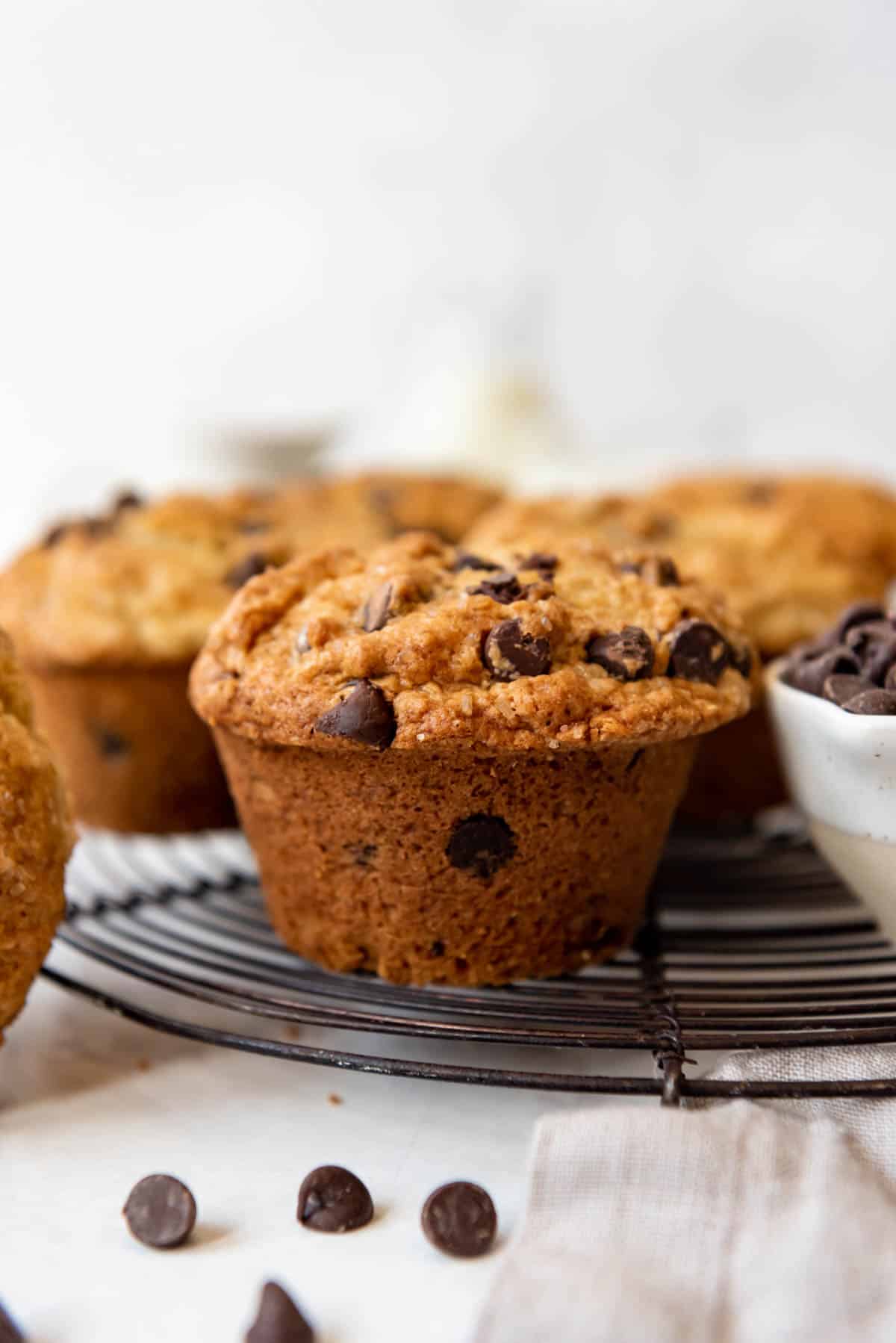 A chocolate chip muffin on a wire cooling rack with more muffins.