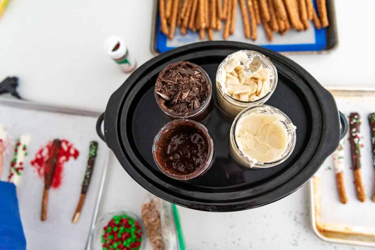 Melting chocolate in a crock pot or slow cooker is easy and keeps the chocolate melted and easy to work with for a long time!