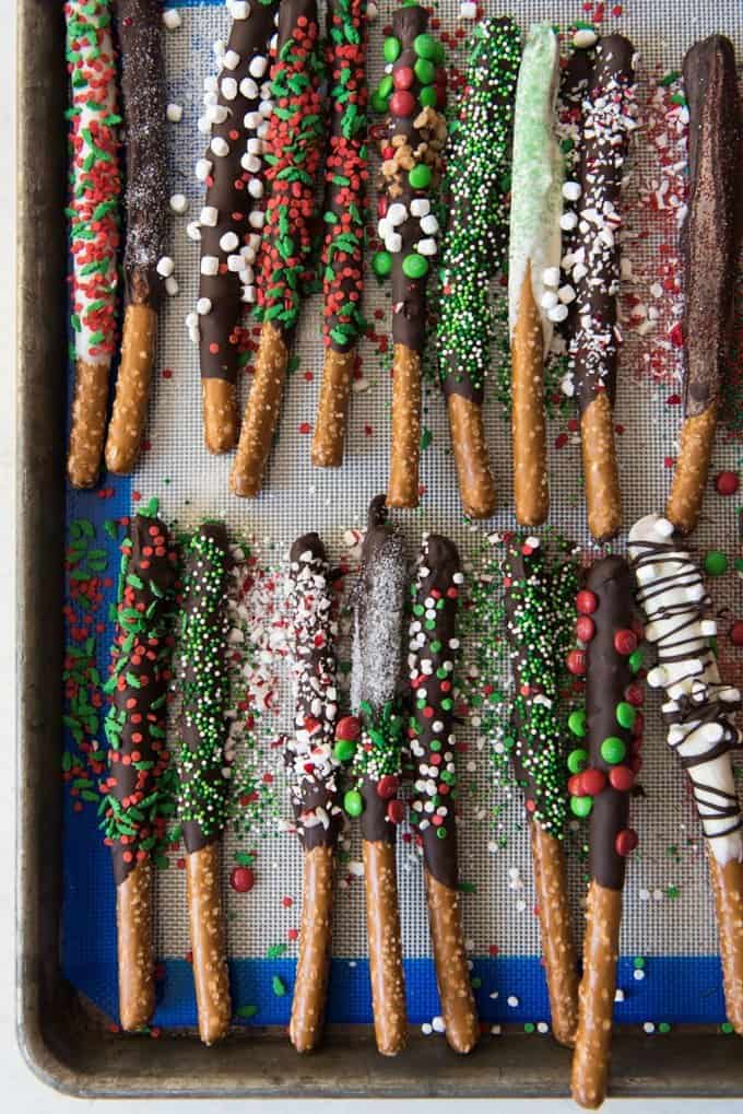 baking sheet with chocolate covered pretzels
