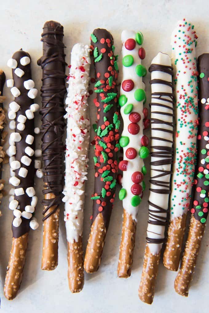 row of festive looking chocolate covered pretzels