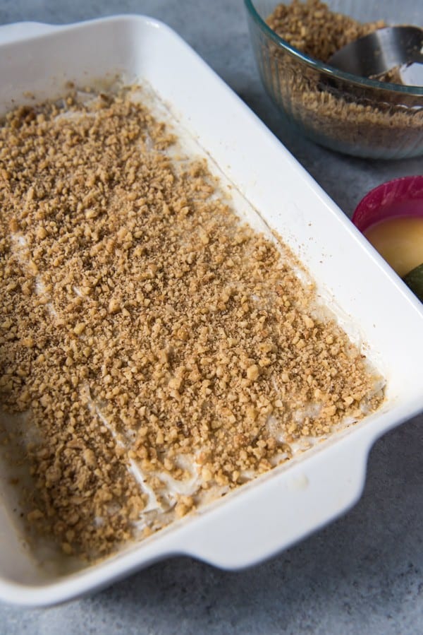 baking dish lined with nuts