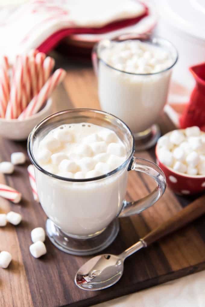 marshmallow topped white hot chocolate in glass cups