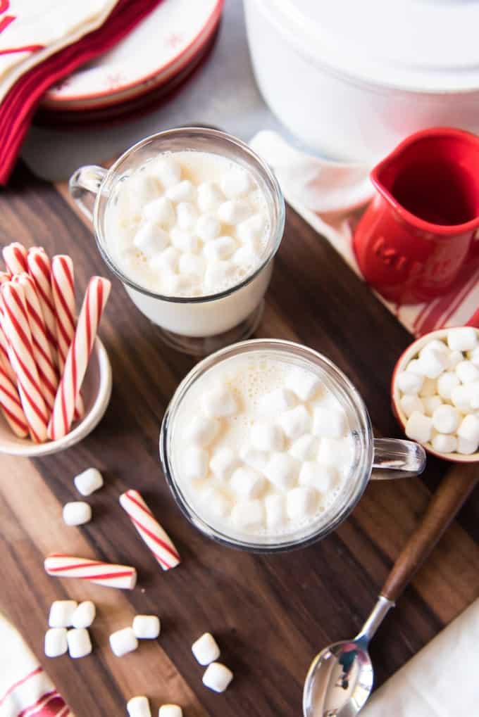 peppermint candies mini marshmallows and hot white chocolate in cups