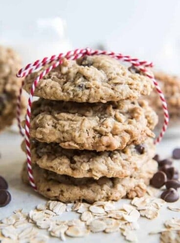 Toffee Oatmeal Chocolate Chip Cookies tied with a red and white string