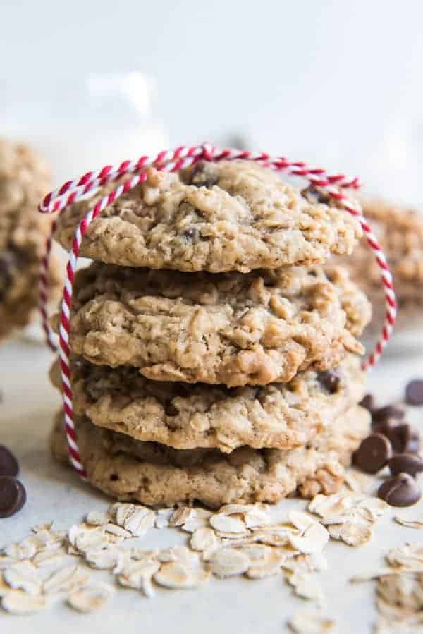 Toffee Oatmeal Chocolate Chip Cookies tied with a red and white string