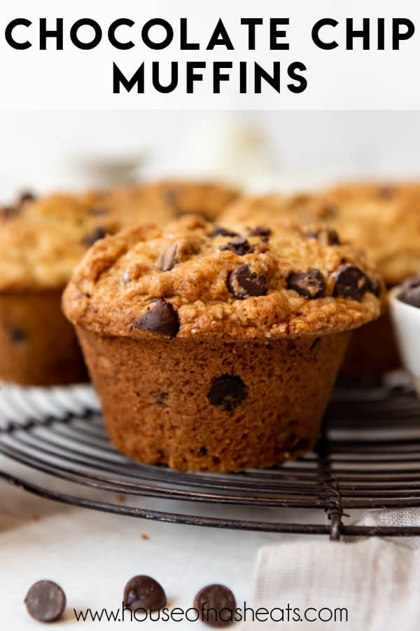 A jumbo chocolate chip muffin with text overlay.