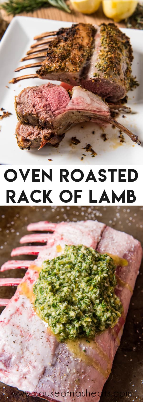 A collage of rack of lamb images with text overlay.