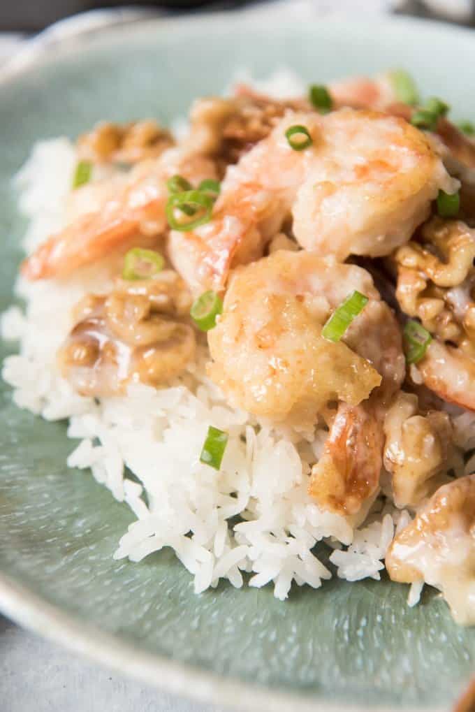honey walnut shrimp over rice with garnish