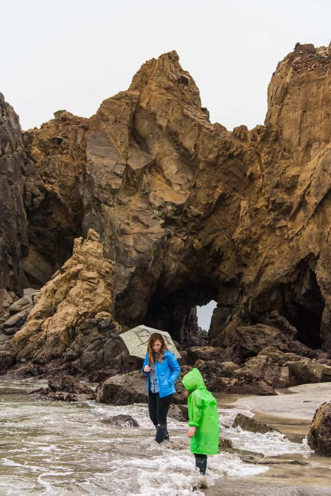 Exploring Pfeiffer Beach on a rainy day in Big Sur.