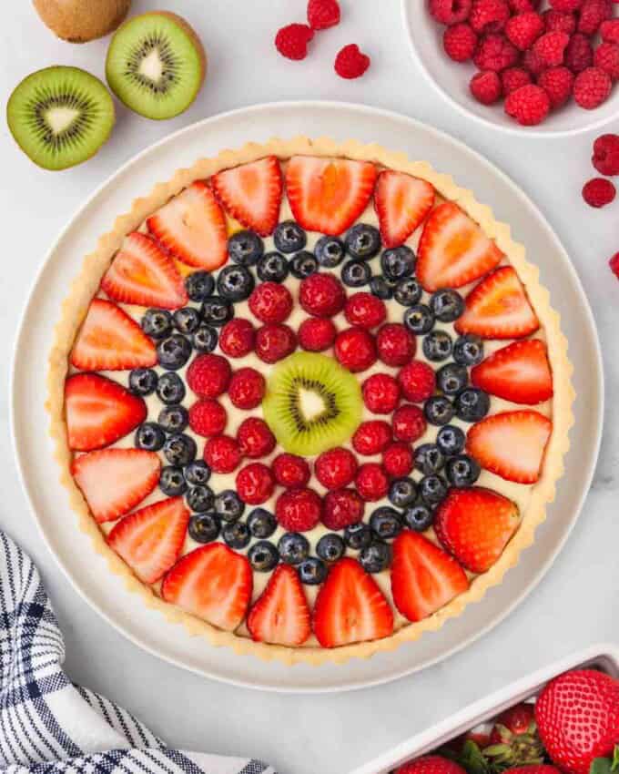 An overhead image of a french fruit tart.