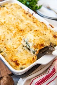 Layers of lean ground chicken and mushrooms, spinach, a creamy white sauce, lasagna noodles, and cheese, make this White Chicken Spinach Lasagna a bit lighter than the traditional version while still being loaded with delicious, comforting flavor!