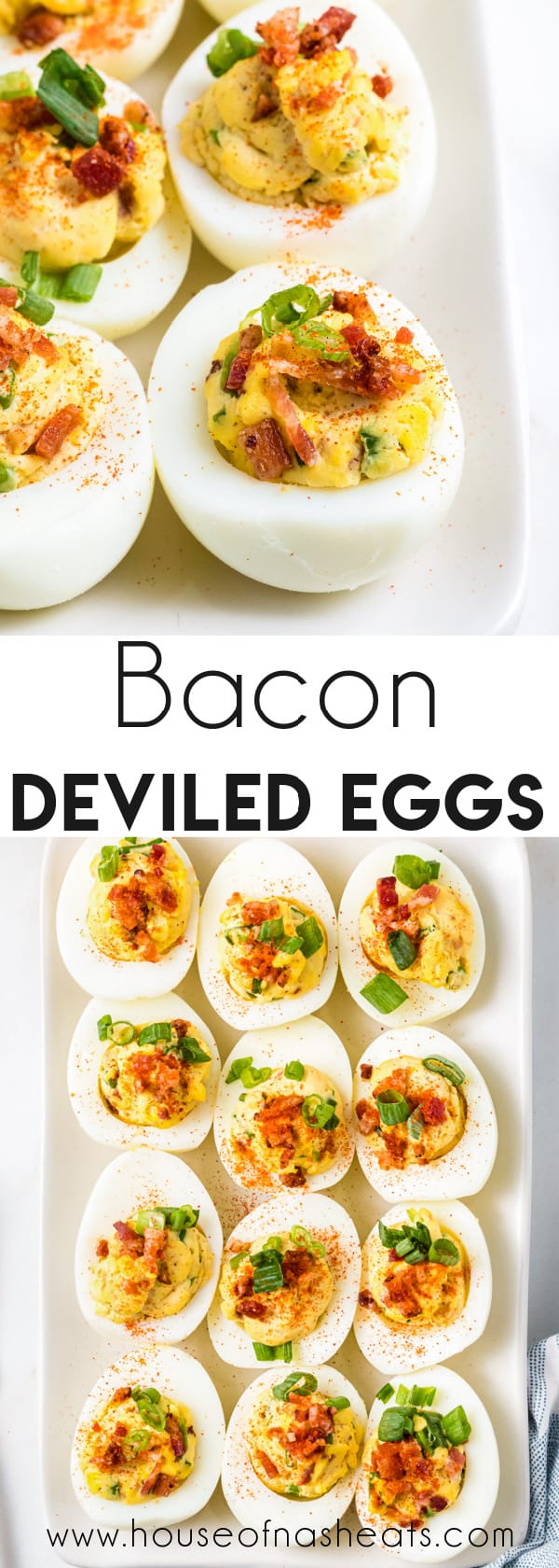 A collage of images of deviled eggs with bacon and green onions with text overlay.