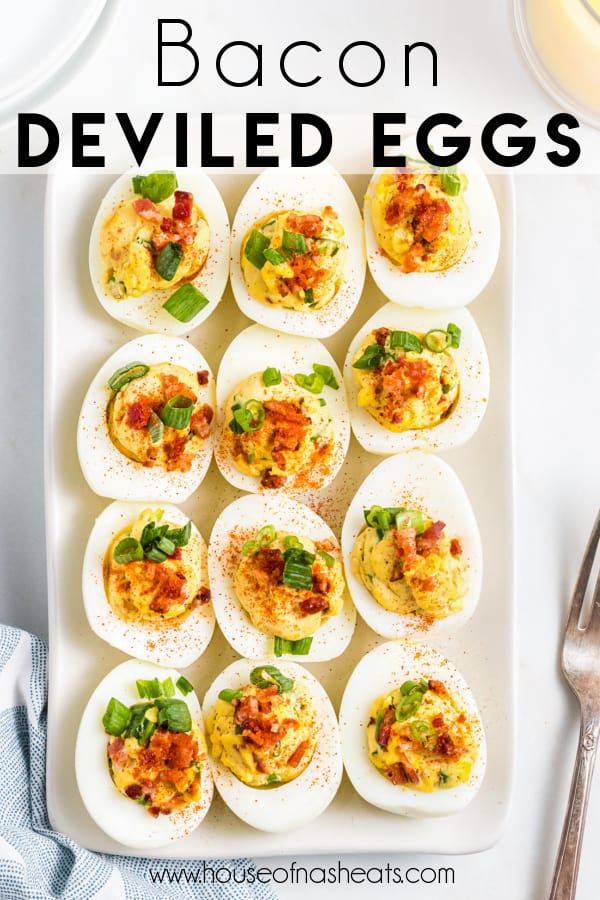 Rows of bacon deviled eggs with text overlay.