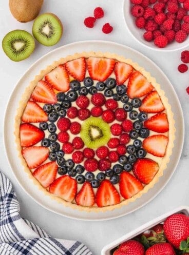 An overhead image of a french fruit tart.