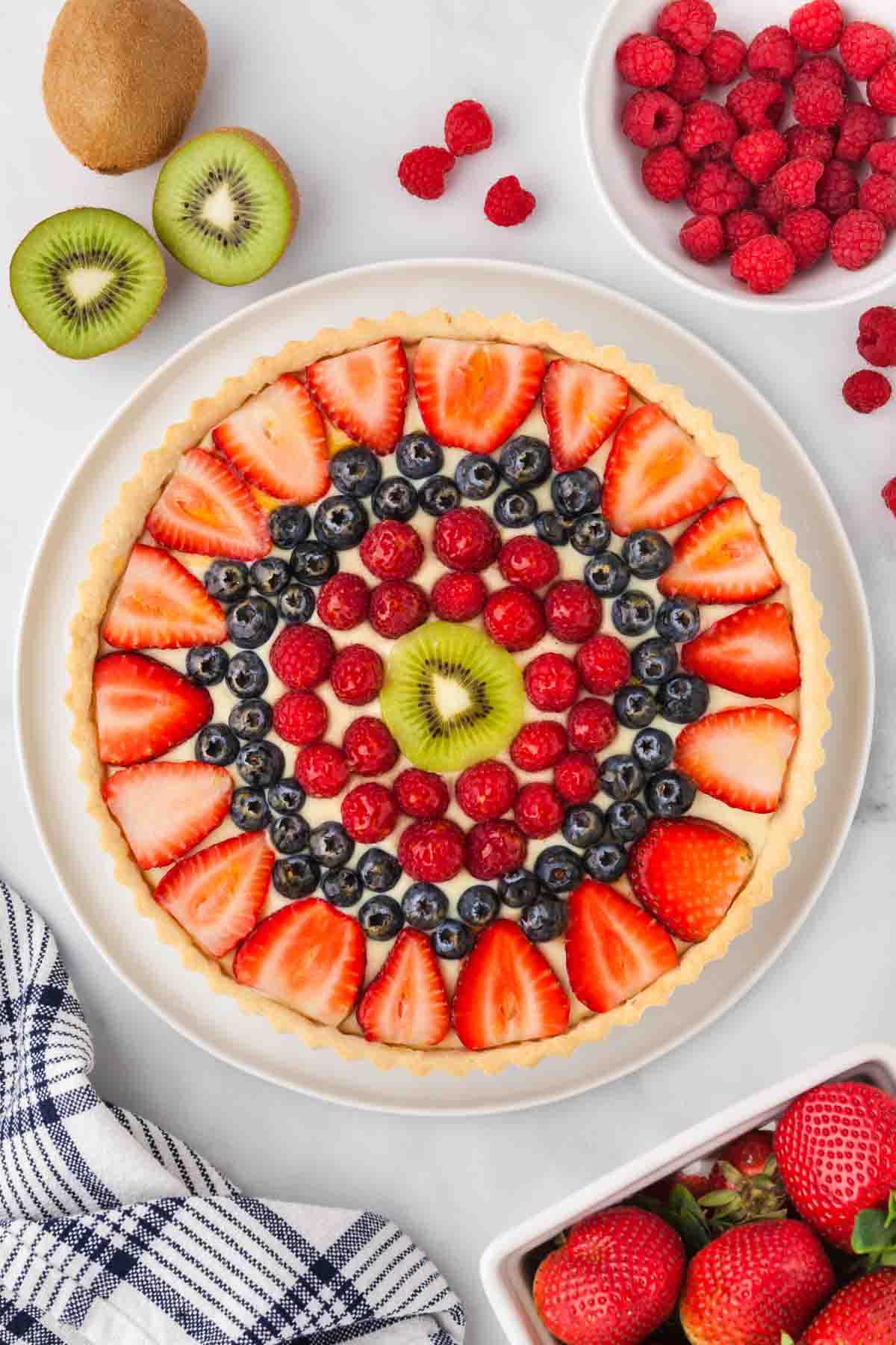 An overhead image of a french fruit tart.