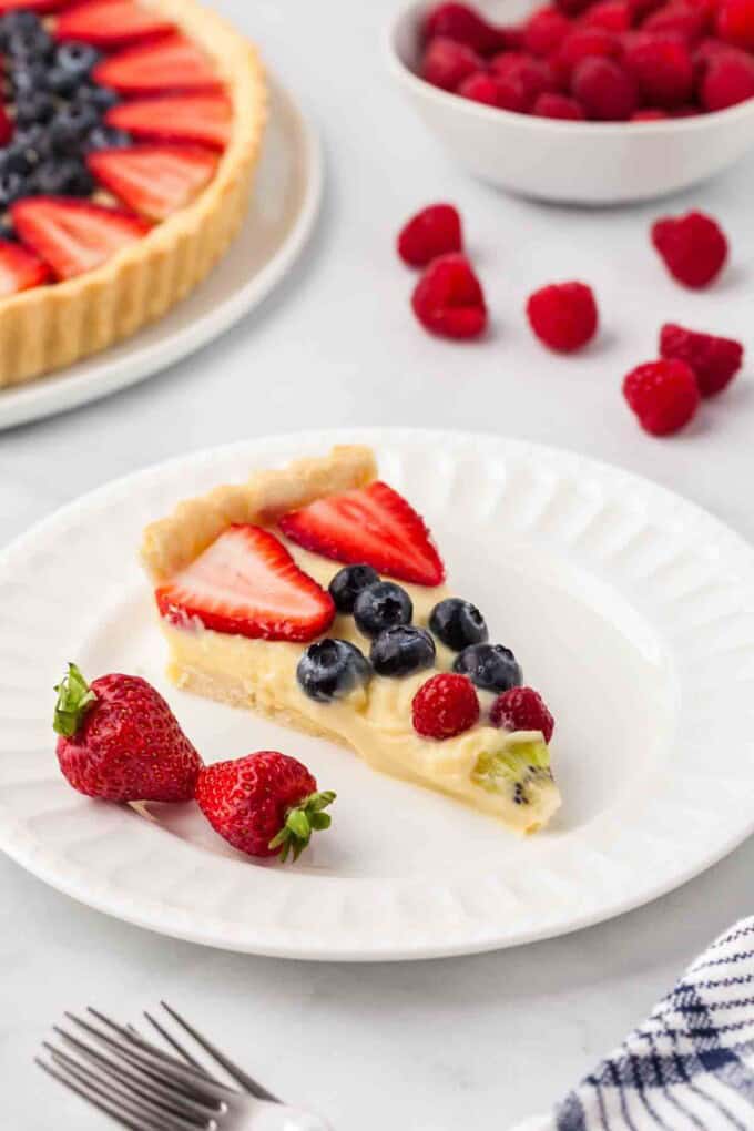 A slice of a french fruit tart on a white plate.