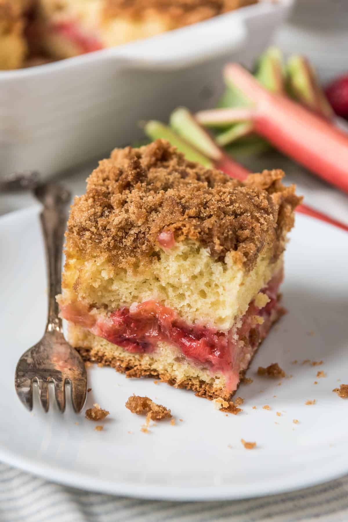 An image of a slice of cinnamon crumb coffee cake with a thick layer of strawberry rhubarb filling in the middle.