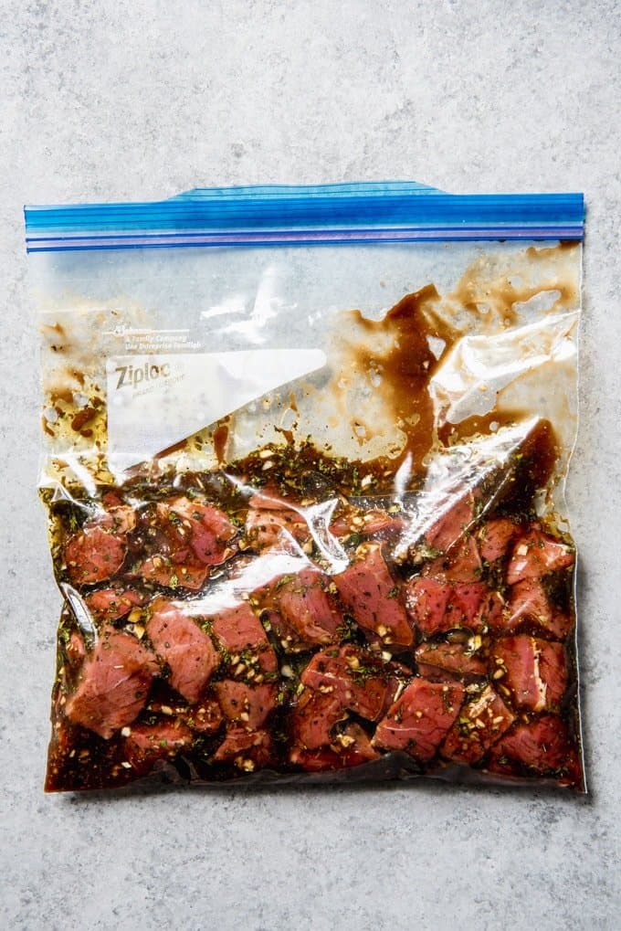An image of cubed sirloin steak chunks in the best beef kabob marinade recipe.