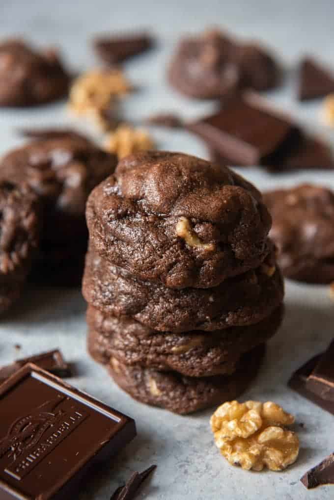 chocolate cookies and walnuts with chocolate pieces