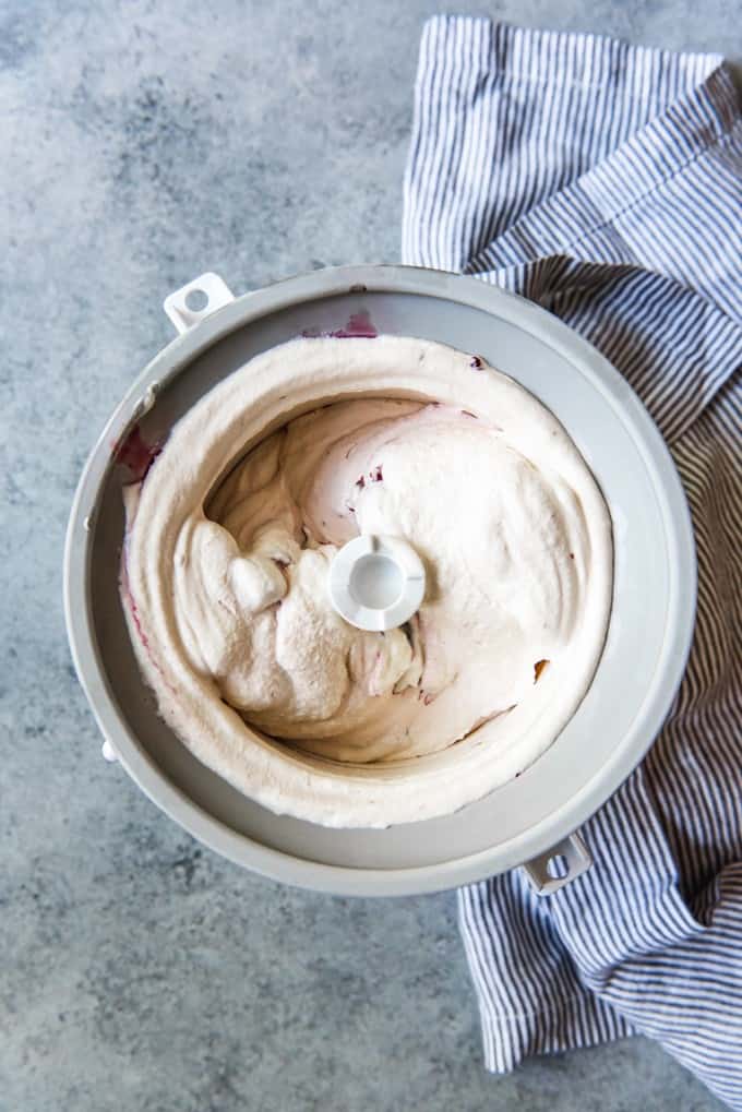 An image of freshly churned soft serve cherry vanilla ice cream.