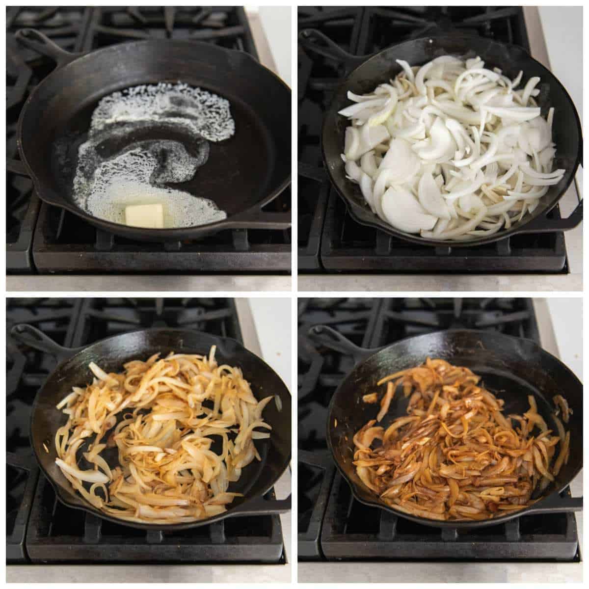 An image of step-by-step pictures for how to make caramelized onions.