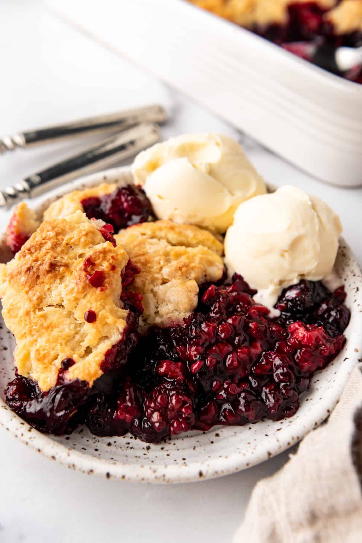 An image of a serving of mixed berry cobbler on a plate with vanilla ice cream.