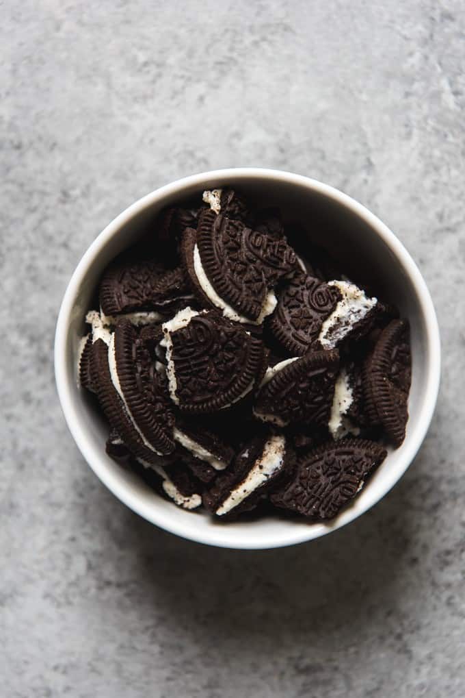 An image of a bowl of crushed Oreo pieces for making ice cream.